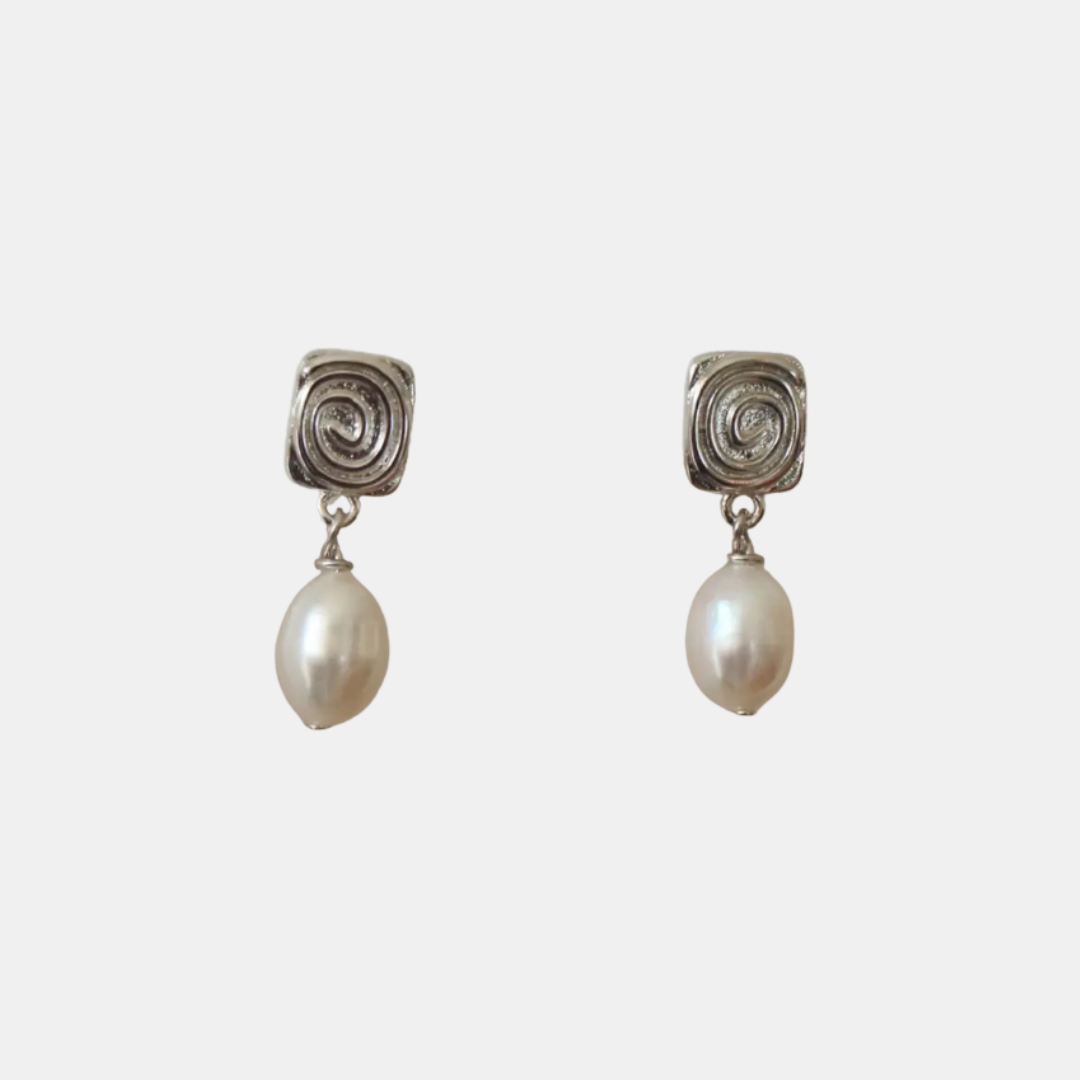 Silver Spiral Pearl Earrings