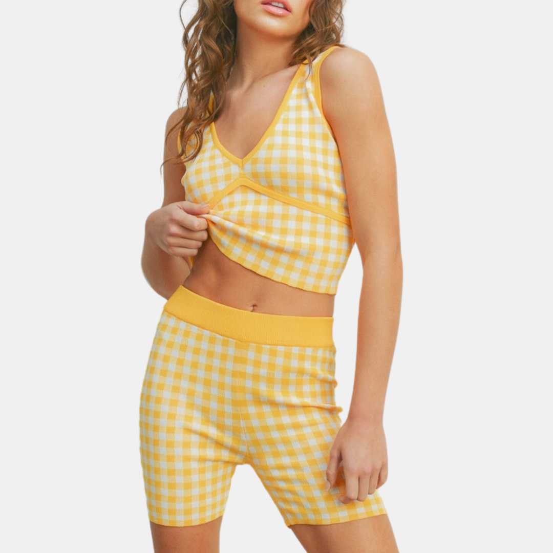 Yellow Gingham Knit Biker Shorts