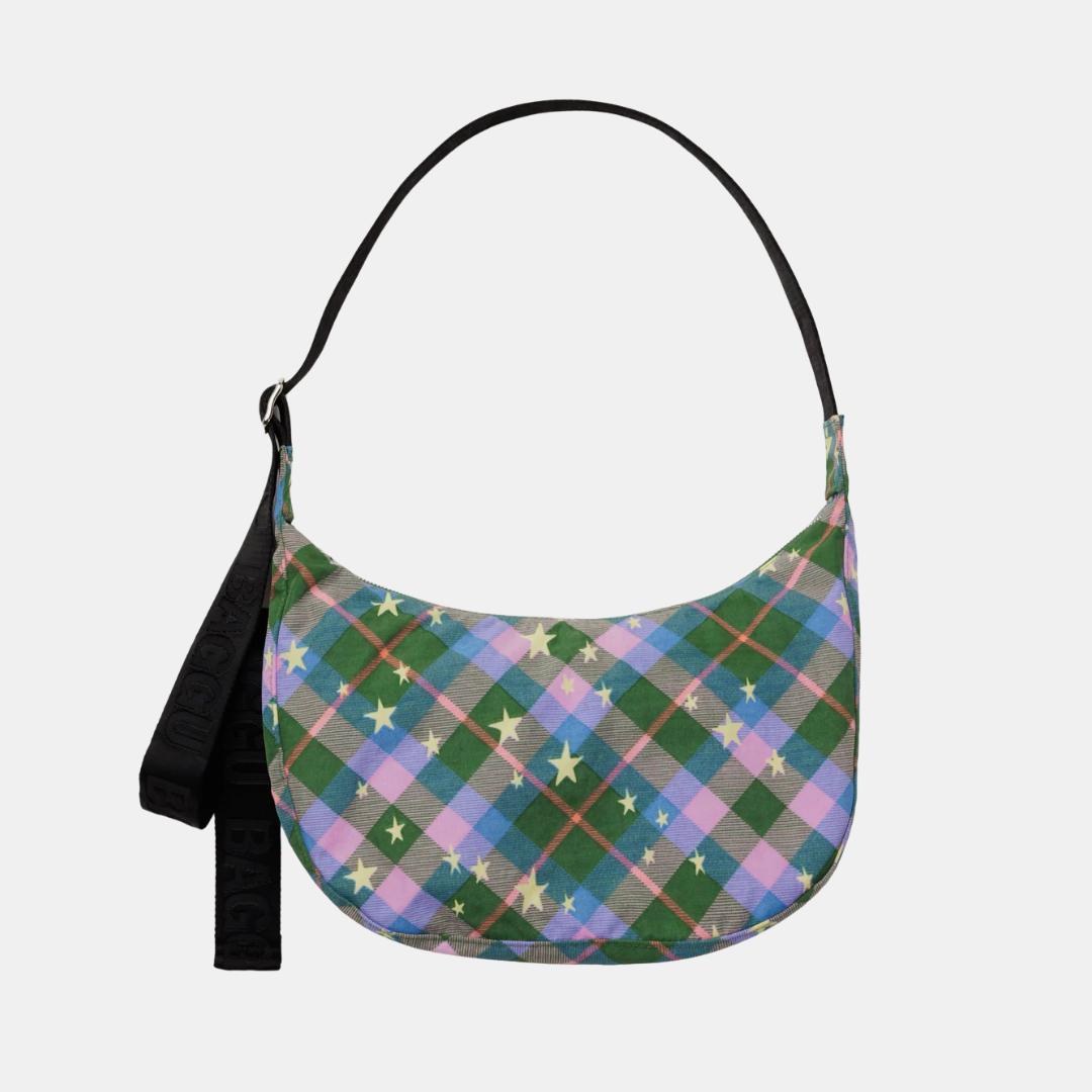 Green Star Plaid Medium Nylon Crescent Bag