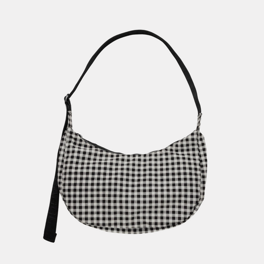 Black & White Gingham Medium Nylon Crescent Bag