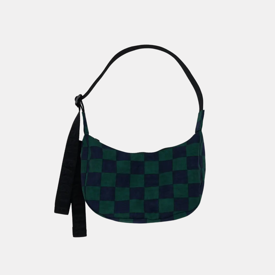 Navy Green Check Small Nylon Crescent Bag