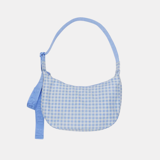 Light Blue Gingham Medium Nylon Crescent Bag