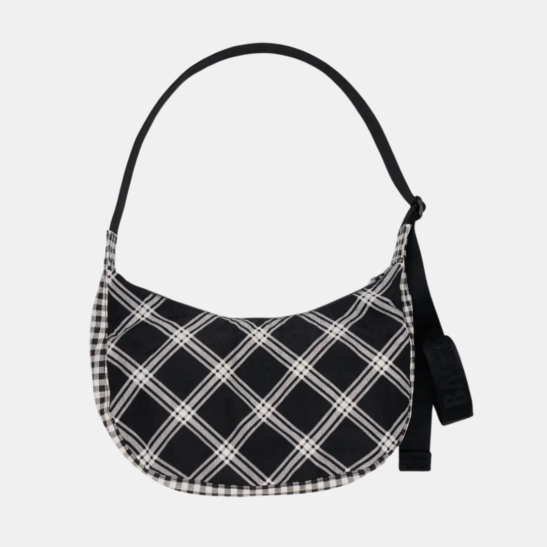 Mixed Plaid Medium Nylon Crescent Bag