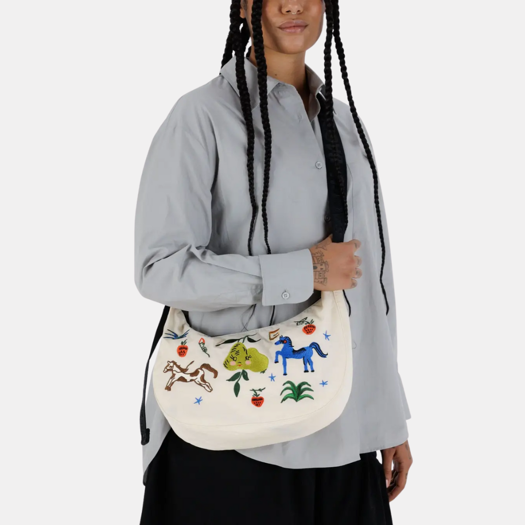 Embroidered Painted Prairie Medium Nylon Crescent Bag