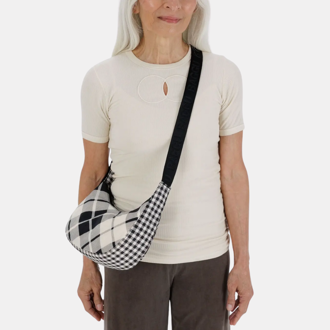 Mixed Plaid Small Nylon Crescent Bag
