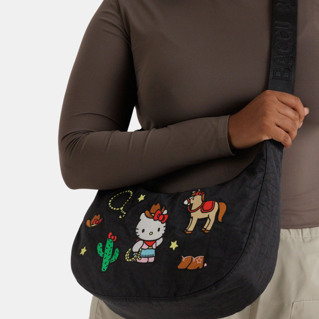 Embroidered Hello Kitty Western Medium Nylon Crescent Bag