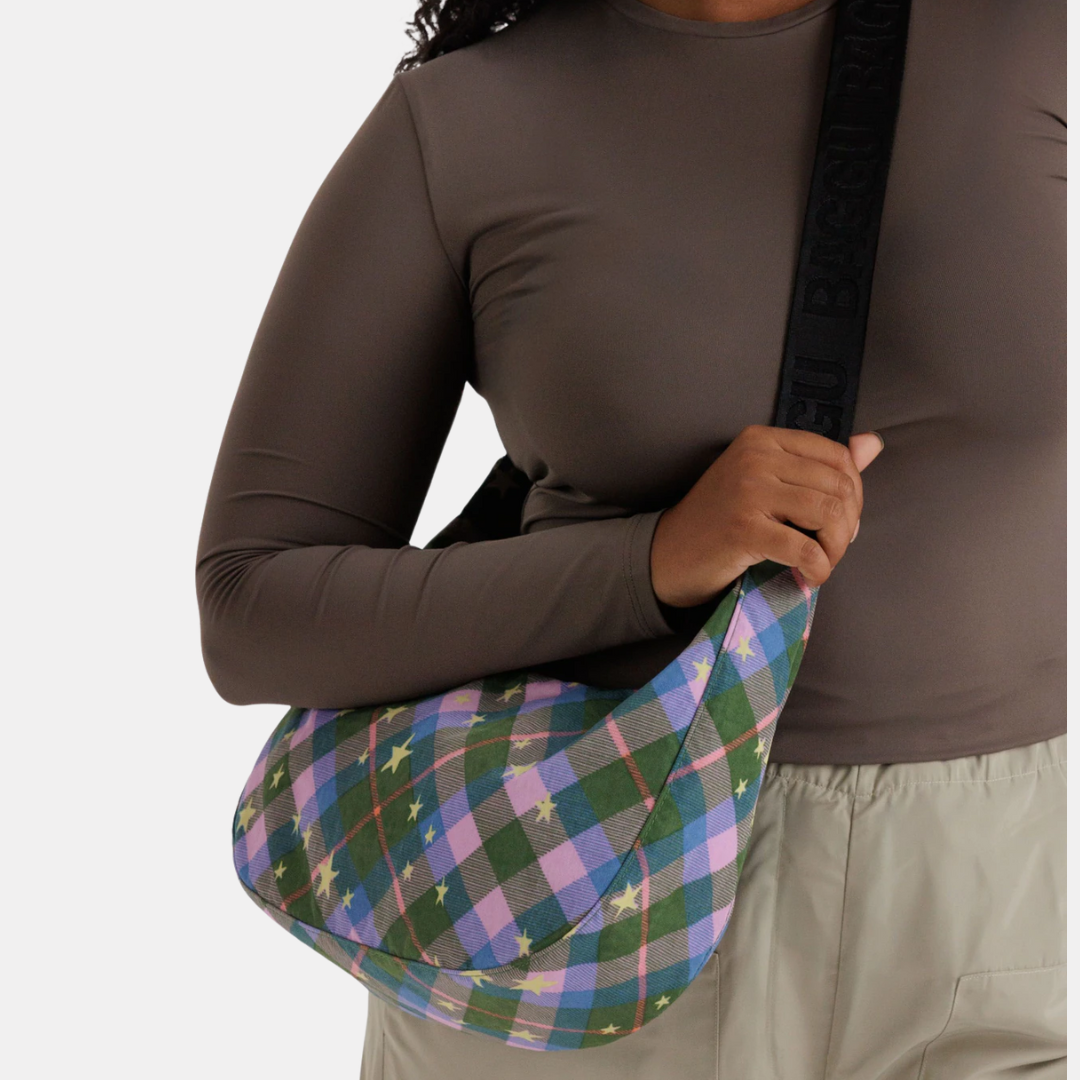 Green Star Plaid Medium Nylon Crescent Bag