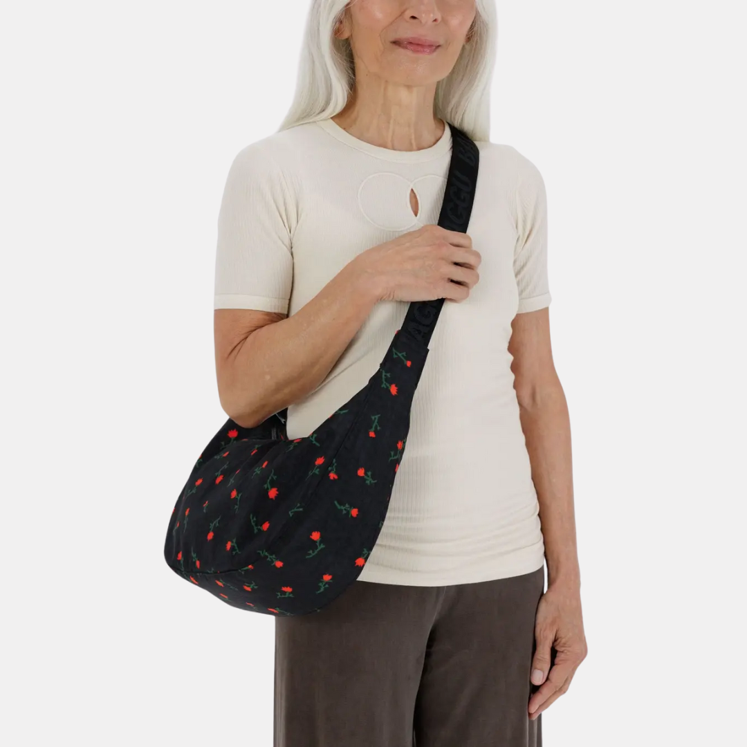 Painted Wildflower Medium Nylon Crescent Bag