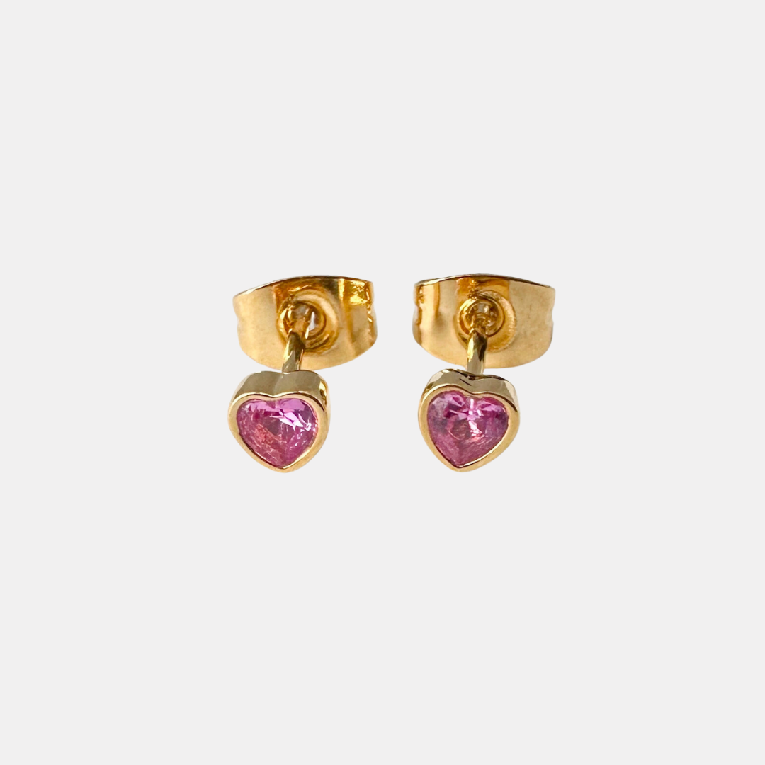 Gold Pink Crystal Heart Studs