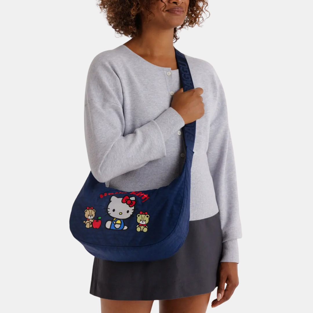 Embroidered Hello Kitty & Teddy Medium Nylon Crescent Bag