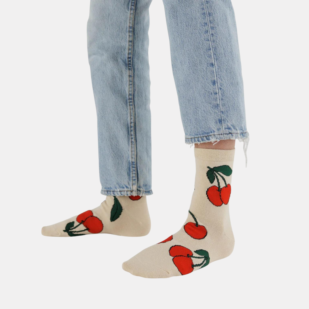 Ecru Cherry Crew Socks