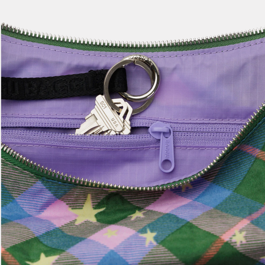 Green Star Plaid Medium Nylon Crescent Bag