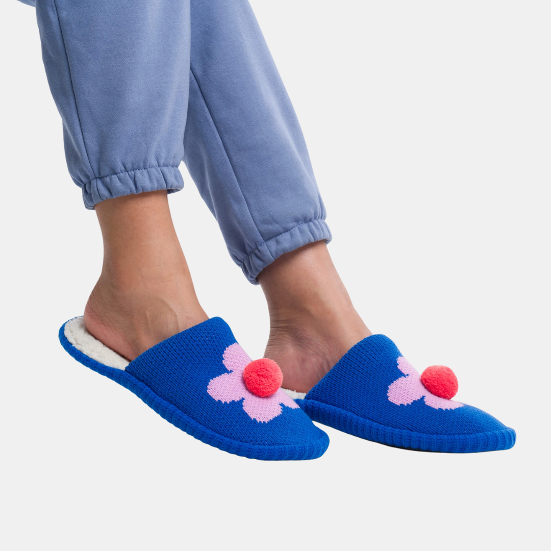 Cobalt Flower Pom Slippers