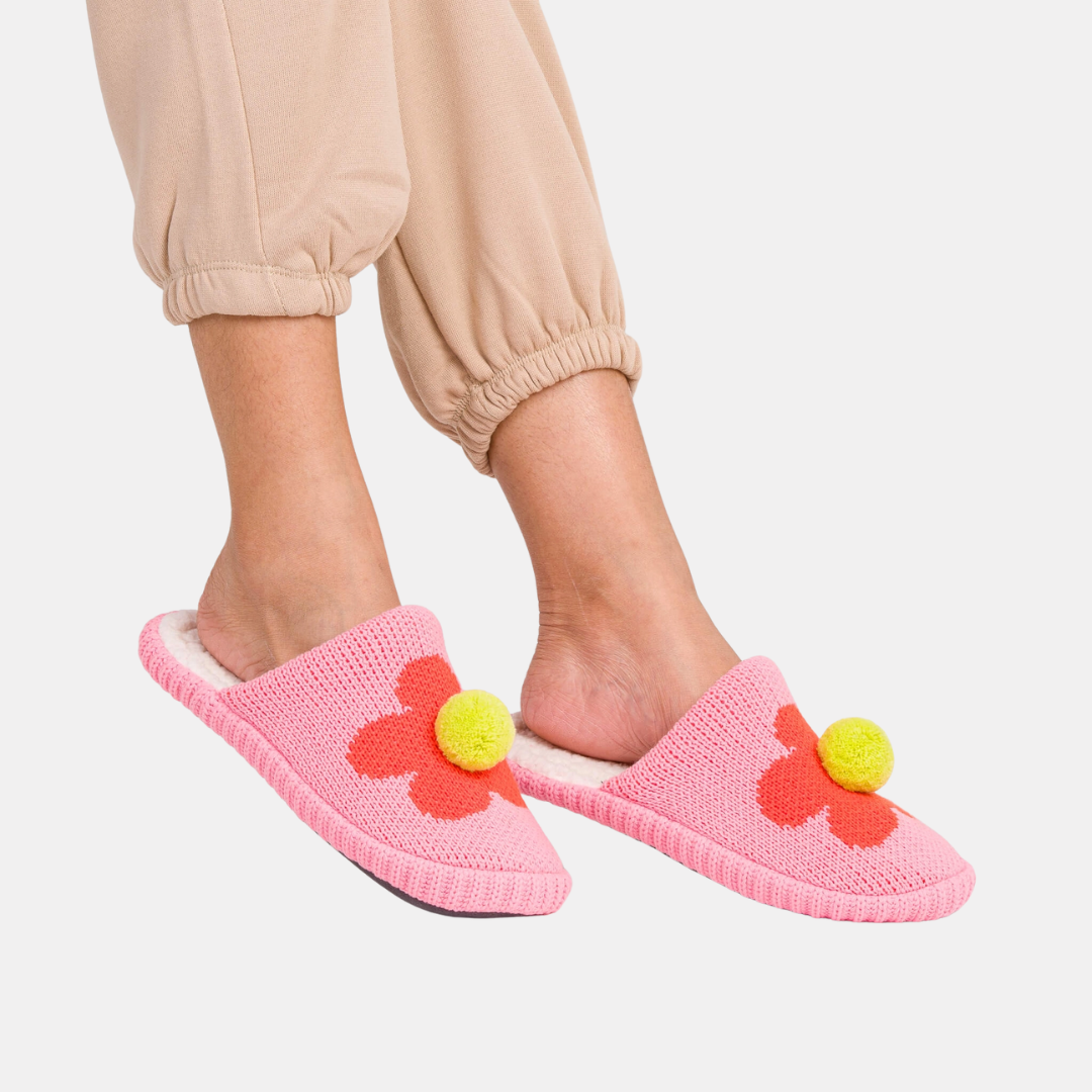 Pink Flower Pom Slippers