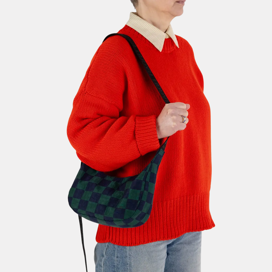 Navy Green Check Small Nylon Crescent Bag