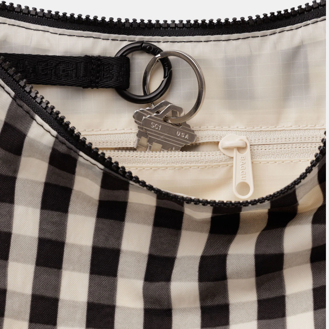 Black and Cream Gingham Medium Nylon Crescent Bag
