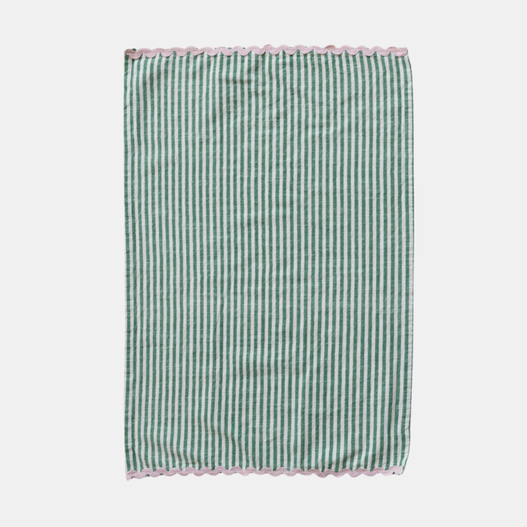 Green Striped Ricrac Tea Towel