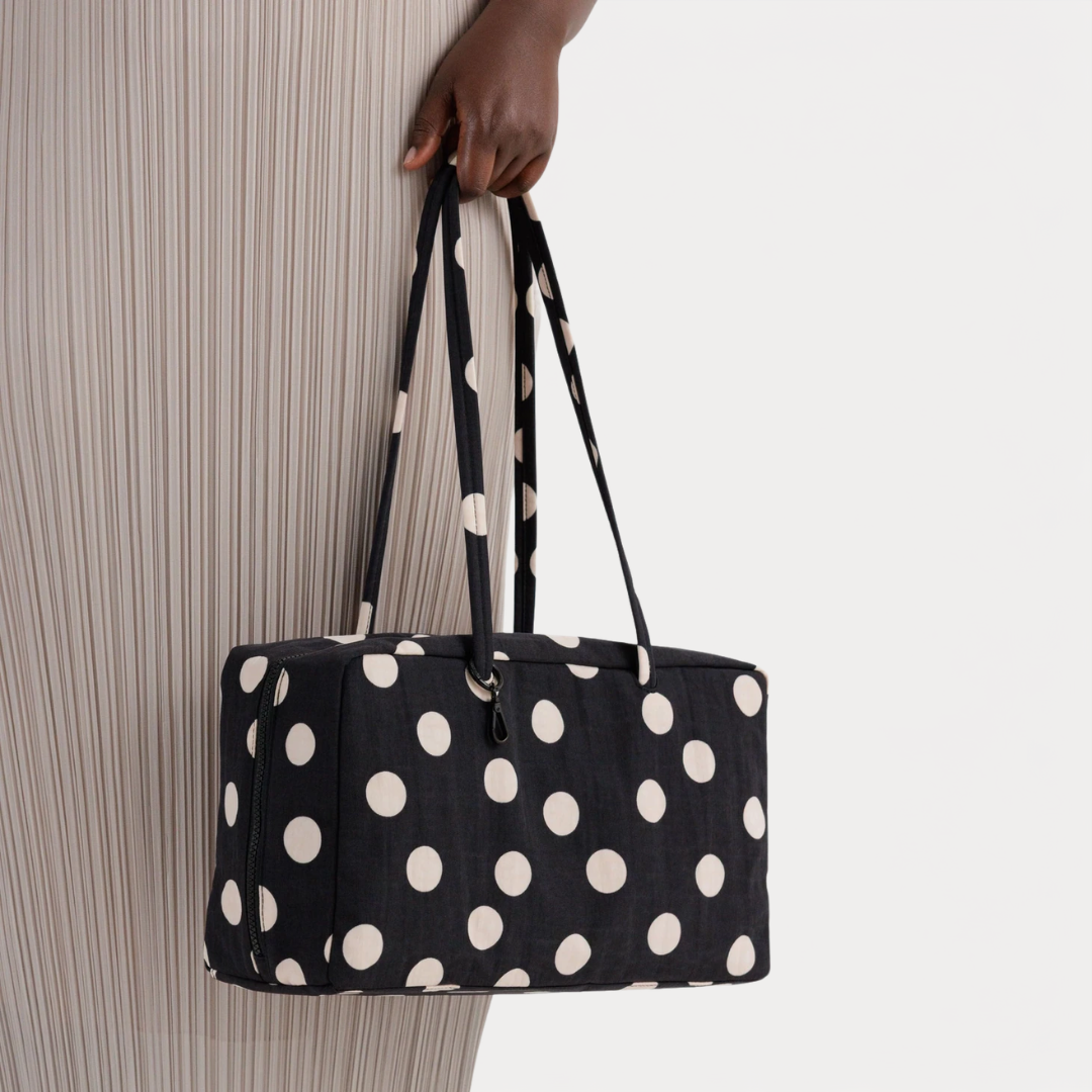 Black and Cream Polka Dot Medium Nylon Bowler Bag