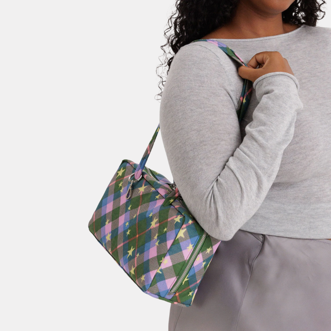 Green Star Plaid Small Nylon Bowler Bag