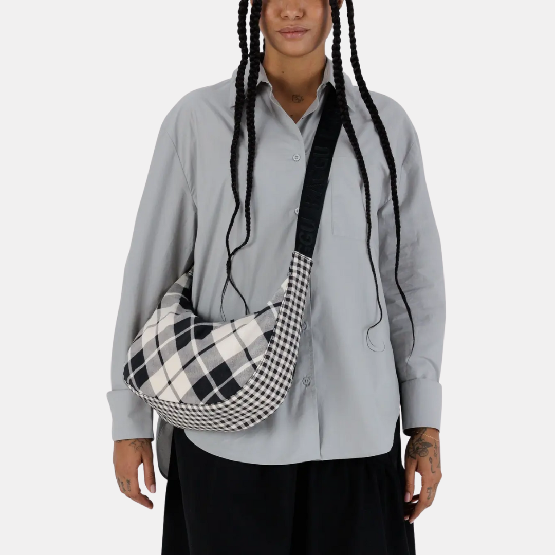 Mixed Plaid Medium Nylon Crescent Bag