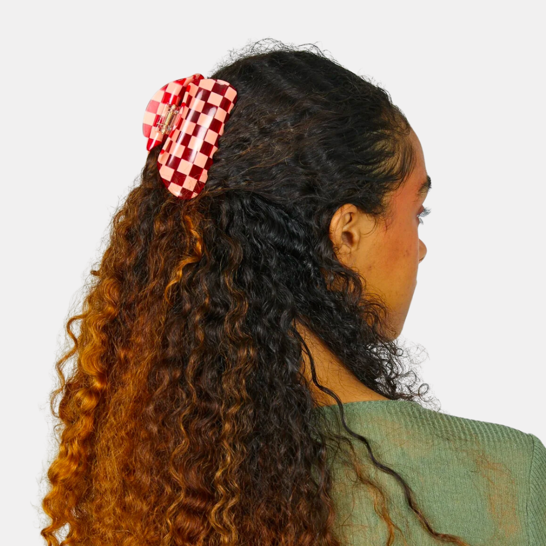 Peach + Red Checker Hair Claw