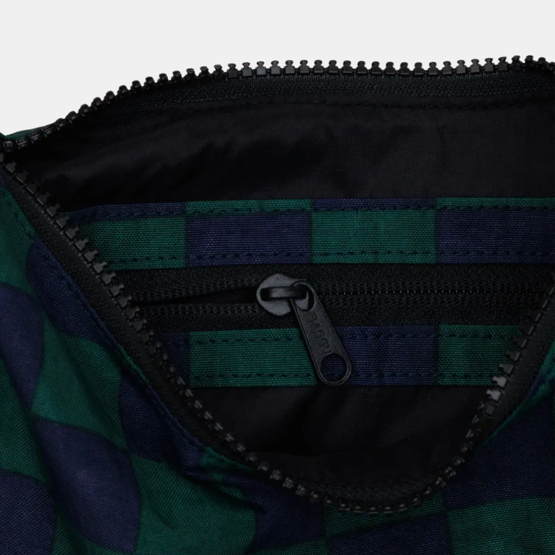 Navy Green Check Small Nylon Crescent Bag