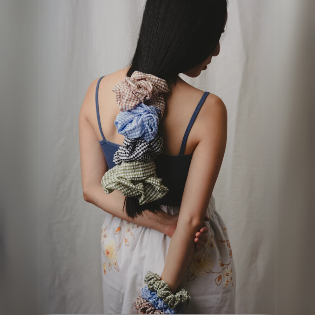 Oversized Navy Blue Gingham Scrunchie