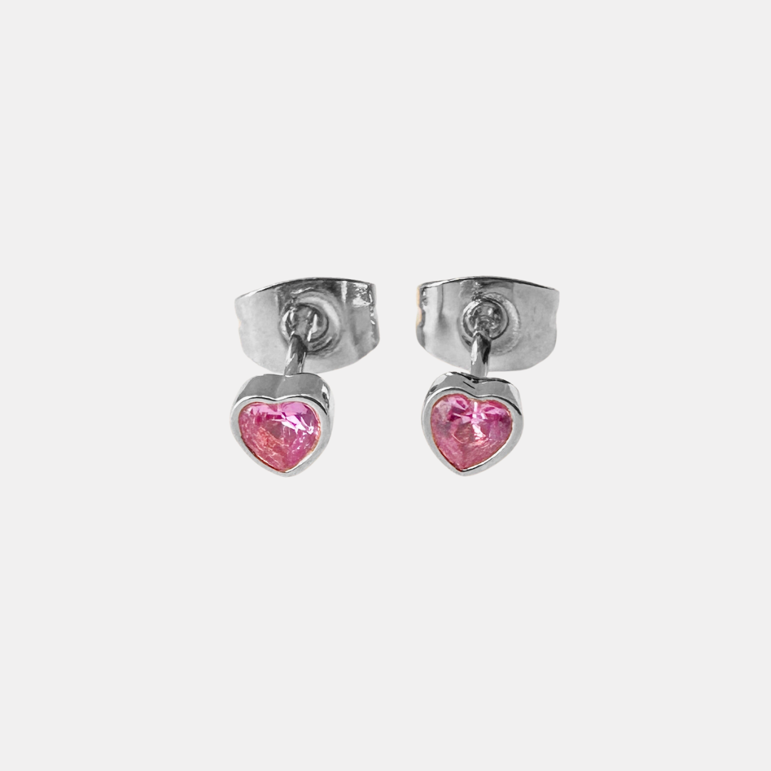 Silver Pink Crystal Heart Studs