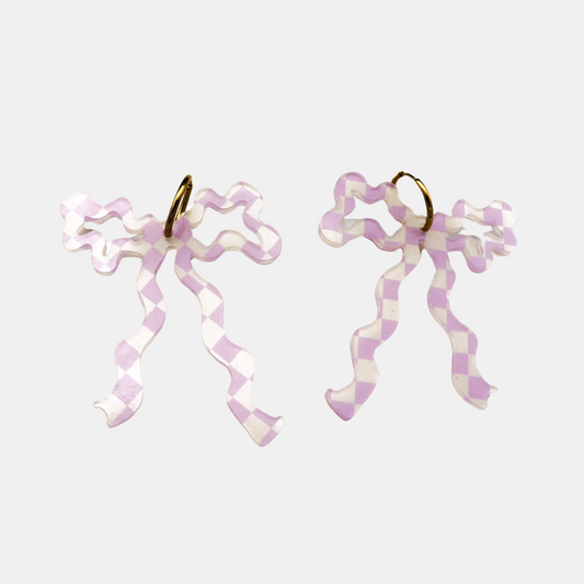 Large Lilac Checker Bow Earrings