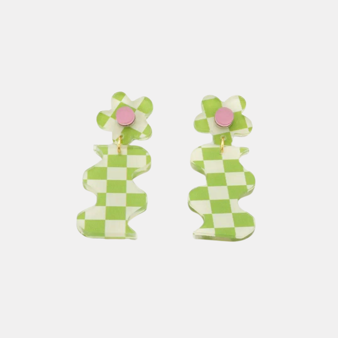 Green Checker Wavy Daisy Earrings