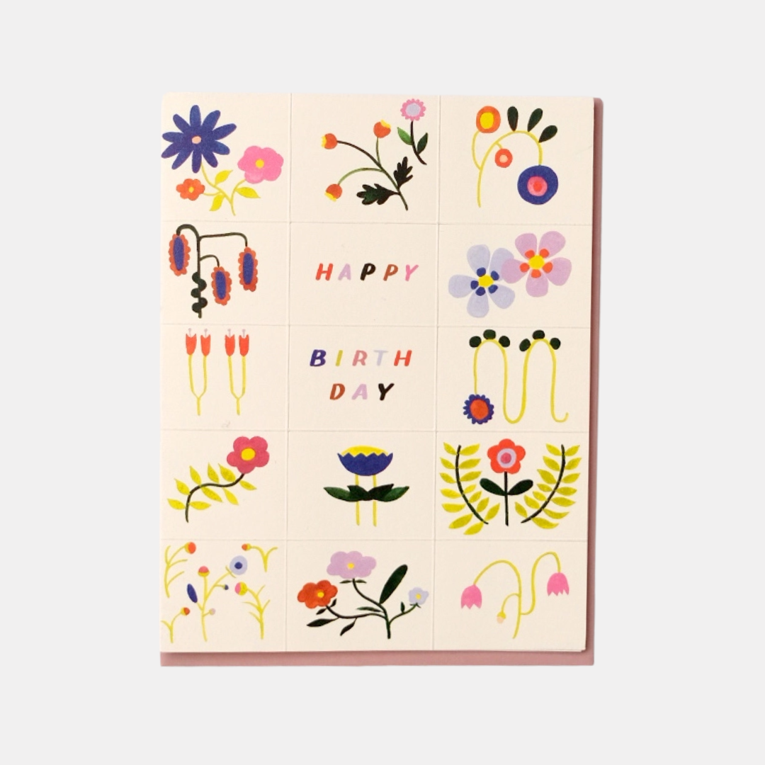 Happy Birthday Grid Floral Doodles Card