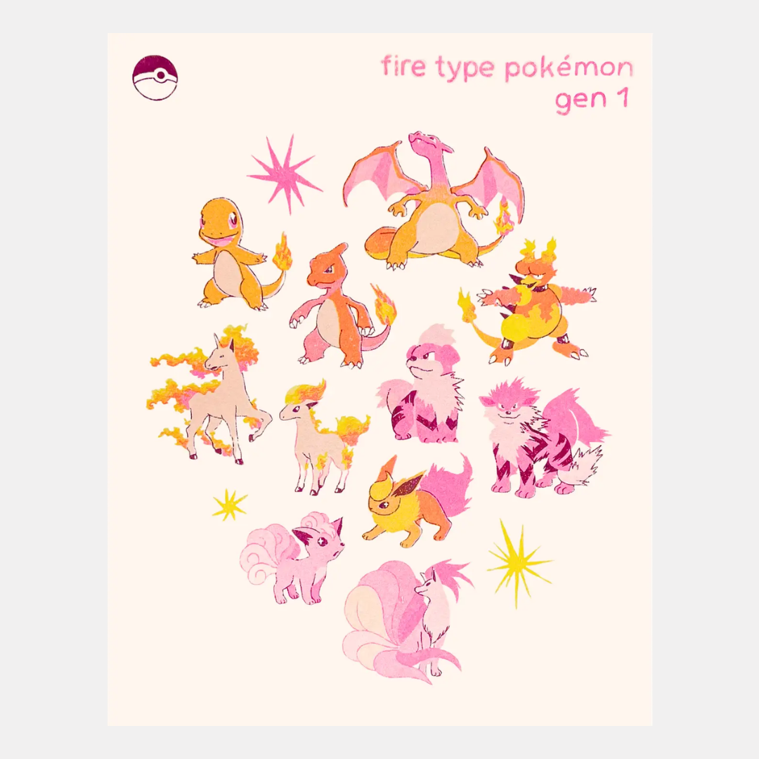 Gen. 1 Fire Pokemon Risograph Print