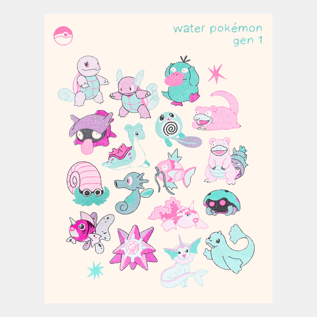 Gen. 1 Water Pokemon Risograph Print