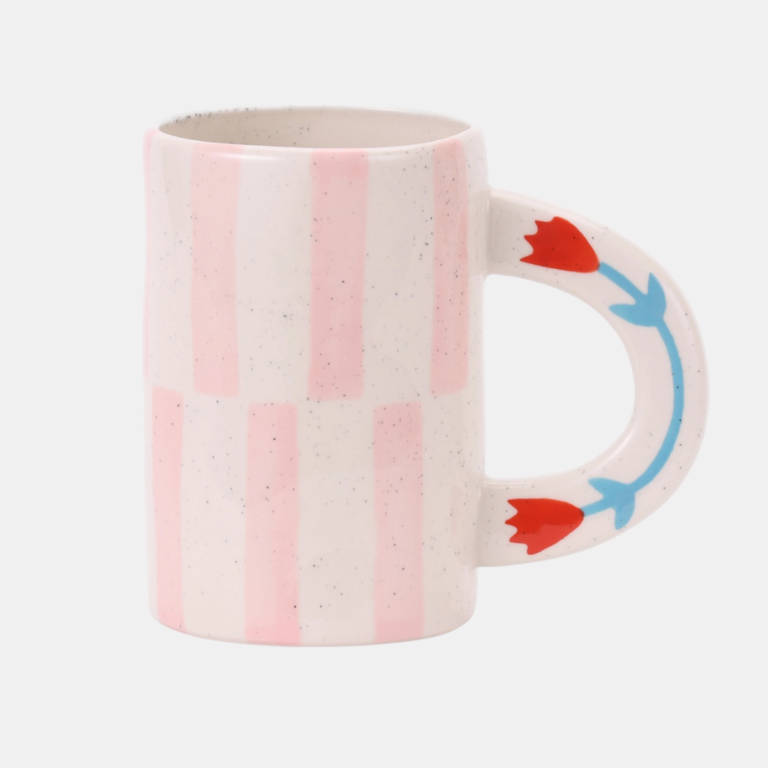 Pink Checkered + Tulip Handle Ceramic Mug