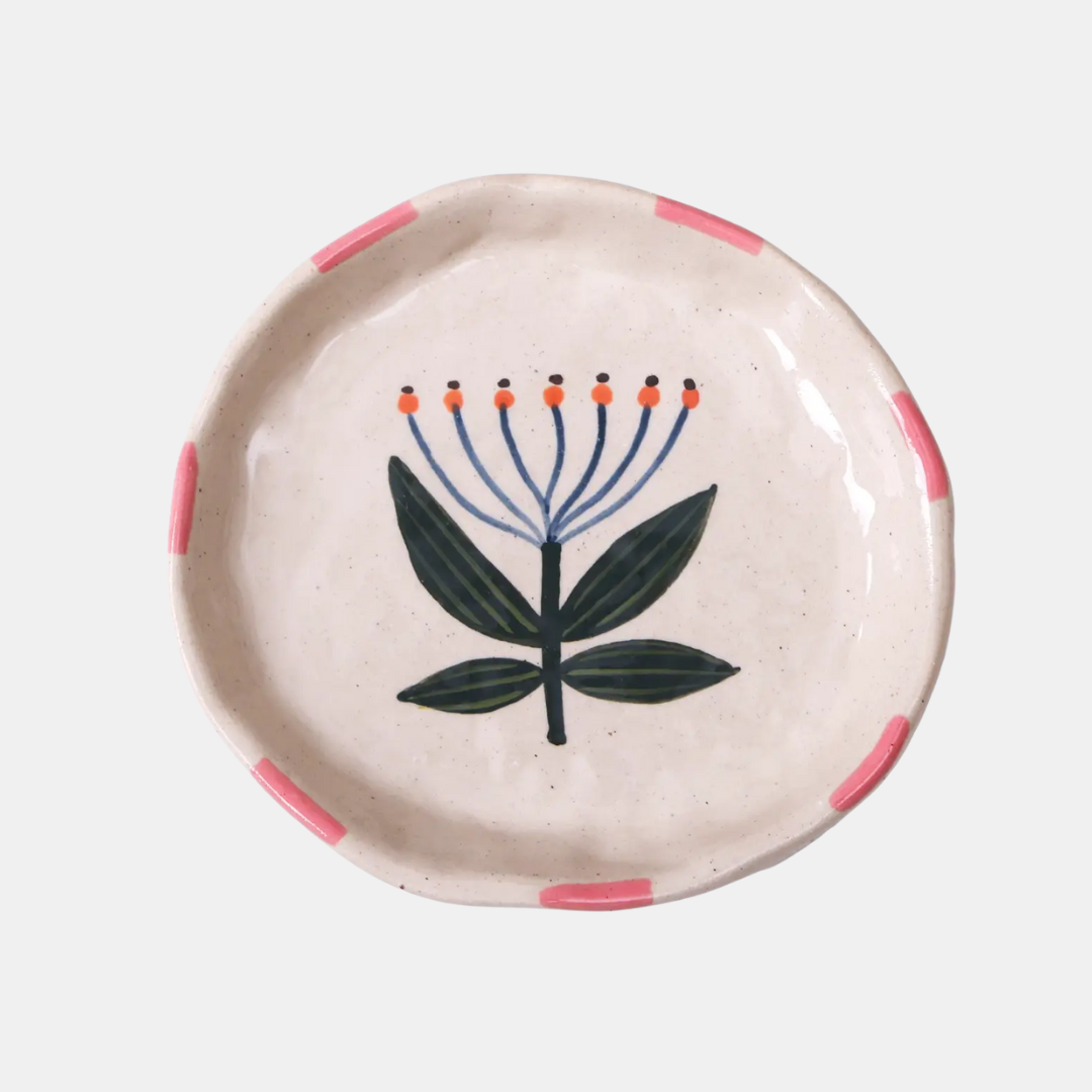 Pink Rim + Blue Flower Ceramic Plate