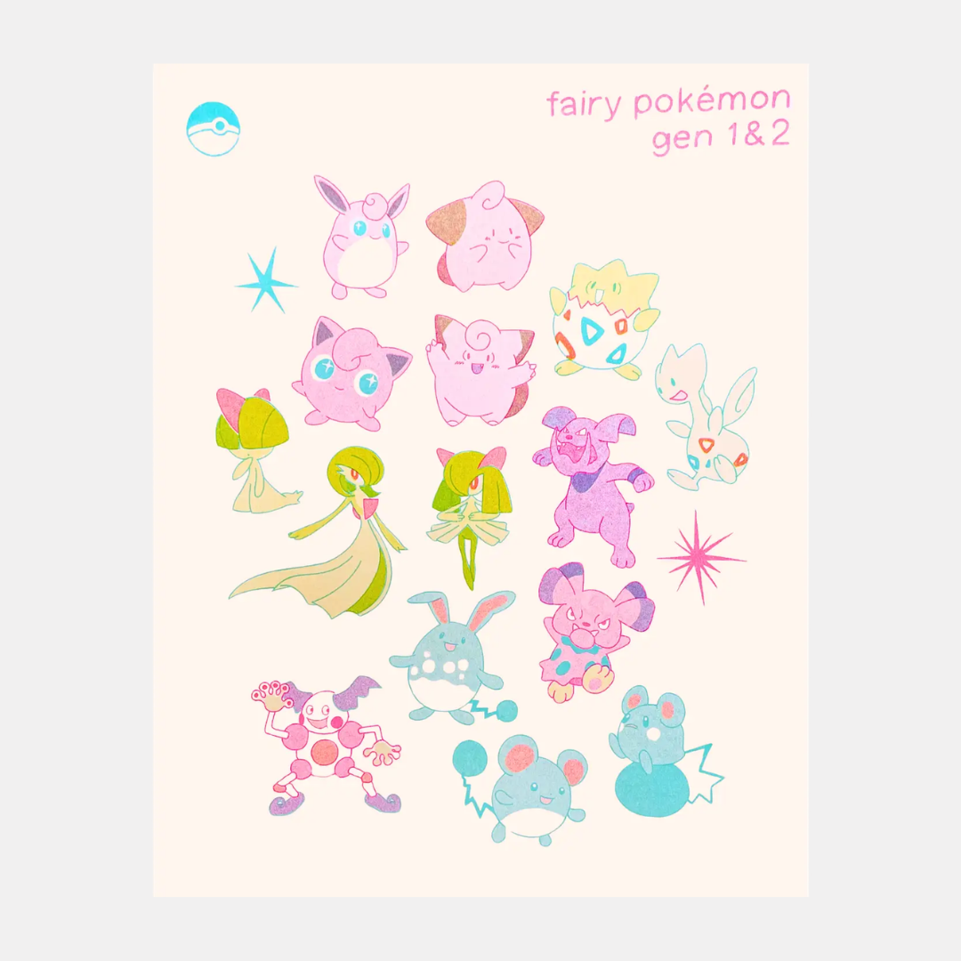 Gen. 1 & 2 Fairy Pokemon Risograph Print