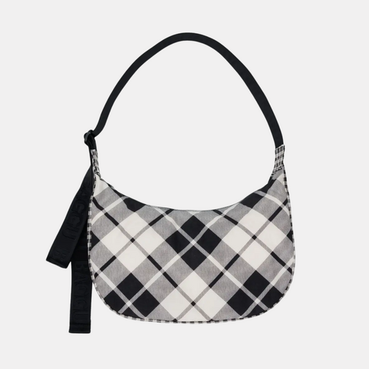 Mixed Plaid Medium Nylon Crescent Bag