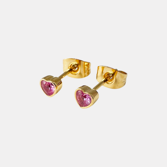 Gold Pink Crystal Heart Studs