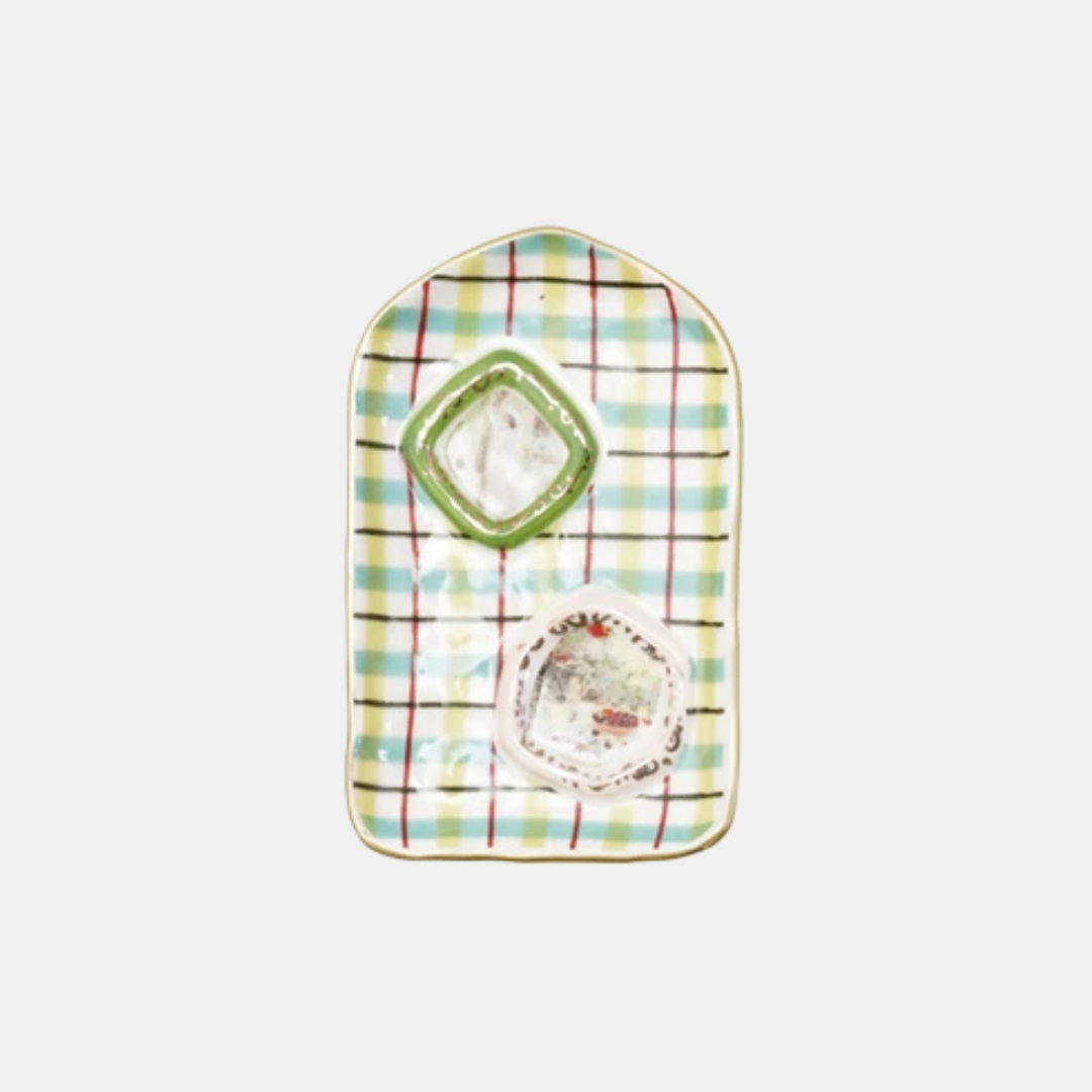 Green Plaid Ceramic Frame Trinket Dish