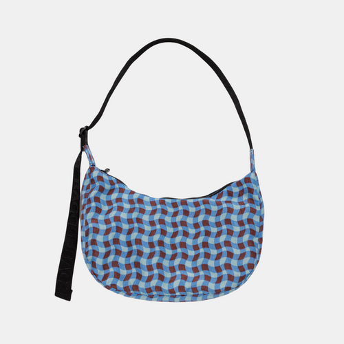 Blue Wavy Gingham Medium Nylon Crescent Bag