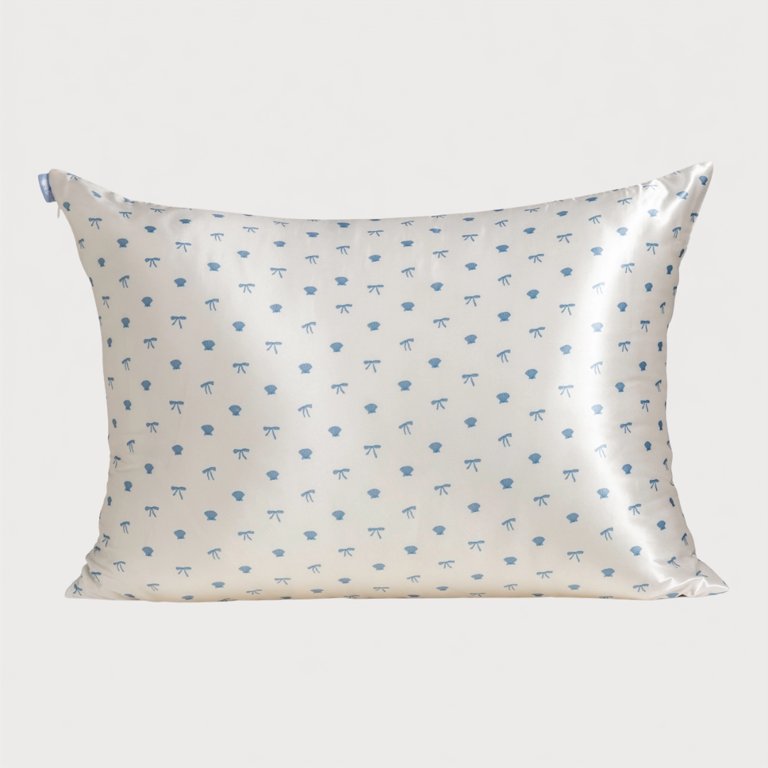 Pearlized Cream and Coastal Blue Print Satin Pillowcase