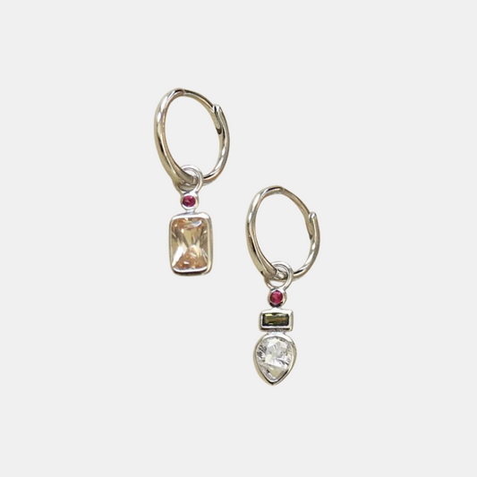 Silver Mismatched Jewel Hoops