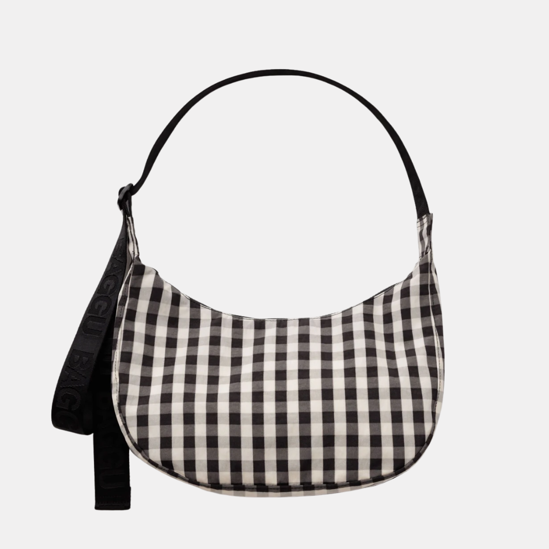 Black and Cream Gingham Medium Nylon Crescent Bag