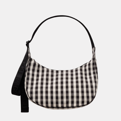 Black and Cream Gingham Medium Nylon Crescent Bag
