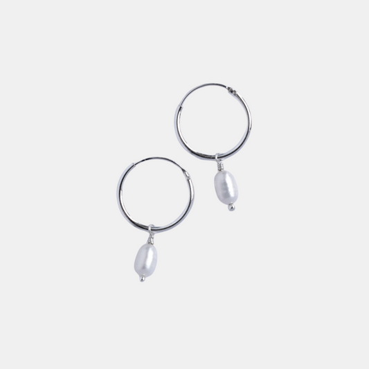 Silver Pearl Hoops