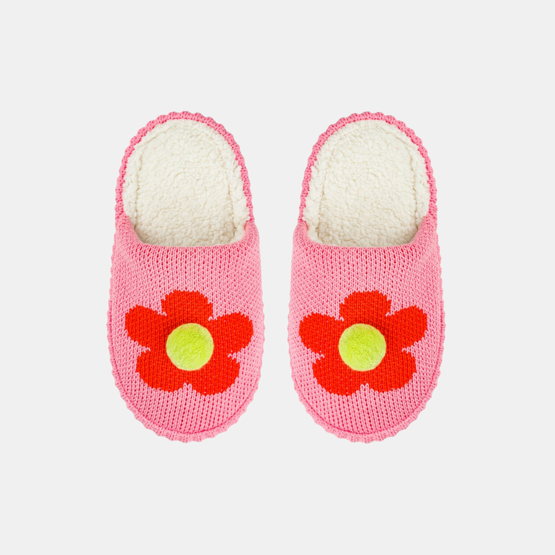 Pink Flower Pom Slippers