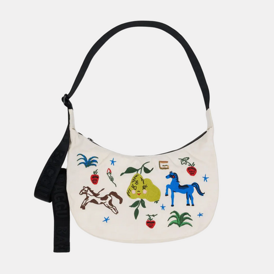 Embroidered Painted Prairie Medium Nylon Crescent Bag
