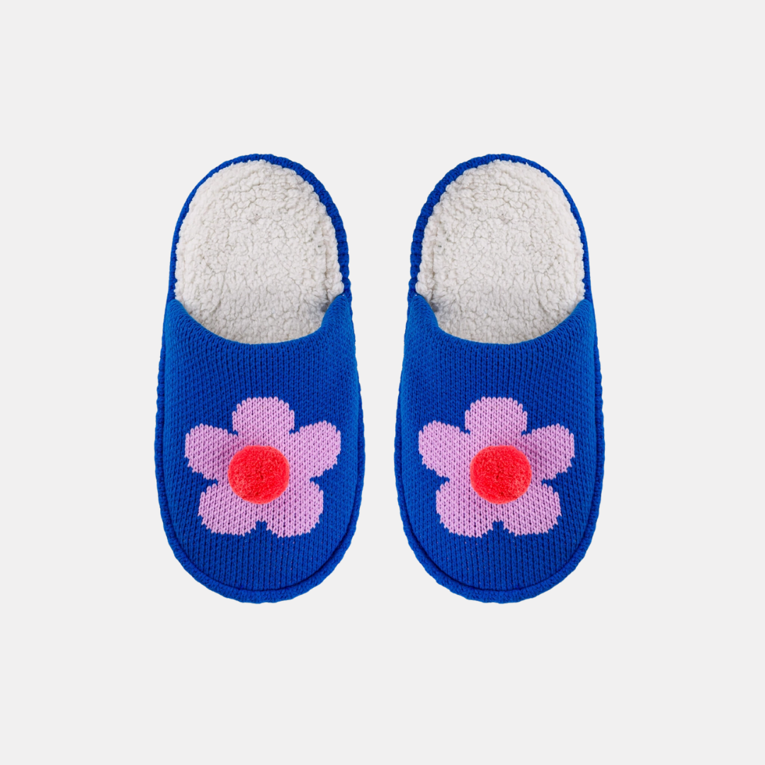 Cobalt Flower Pom Slippers
