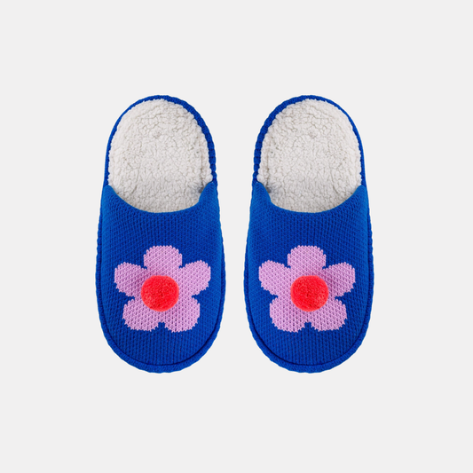 Cobalt Flower Pom Slippers