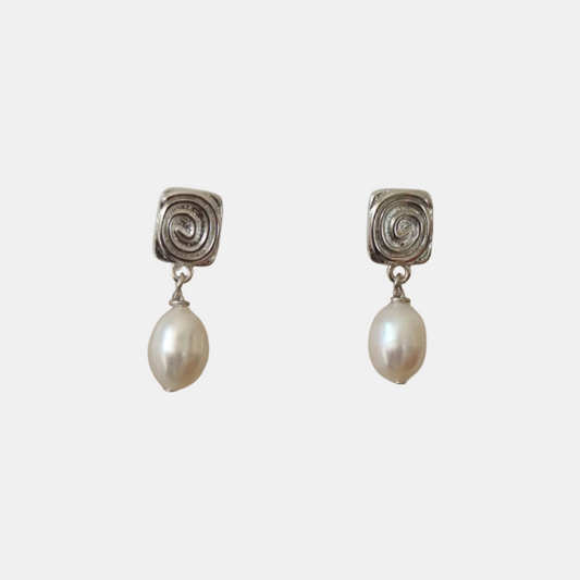 Silver Spiral Pearl Earrings